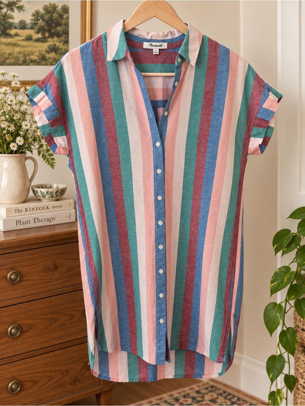 Madewell Striped Button-Down Tunic in Pink, Teal, Blue, Cream, Burgundy